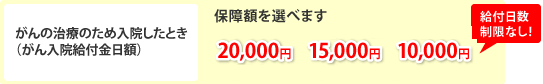 がんの治療のため入院したとき（がん入院給付金日額）＝「保障額を選べます」20,000円／15,000円／10,000円