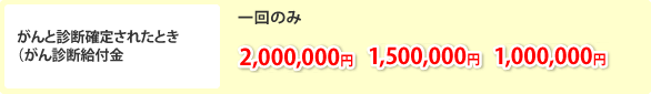 がんと診断確定されたとき（がん診断給付金）＝「１回のみ」2,000,000円／1,500,000円／1,000,000円