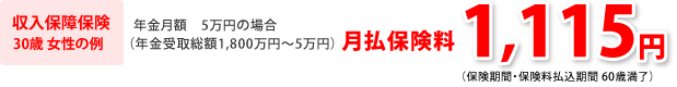 収入保障保険（30歳女性の例）＝月払保険料1,115円