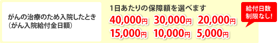 がんの治療のため入院したとき（がん入院給付金日額）＝「１日あたりの保障額を選べます」40,000円／30,000円／20,000円／15,000円／10,000円／5,000円