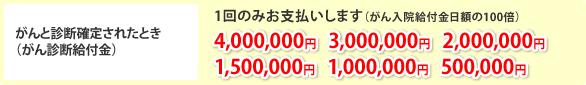 がんと診断確定されたとき（がん診断給付金）＝「１回のみお支払いします（がん入院給付金日額の100倍）」4,000,000円／3,000,000円／2,000,000円／1,500,000円／1,000,000円／500,000円